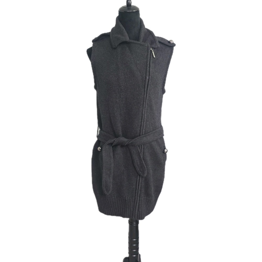 Tory Burch Merino Wool Sleeveless Tunic Vest Sweater M Grey Belted Minimalist